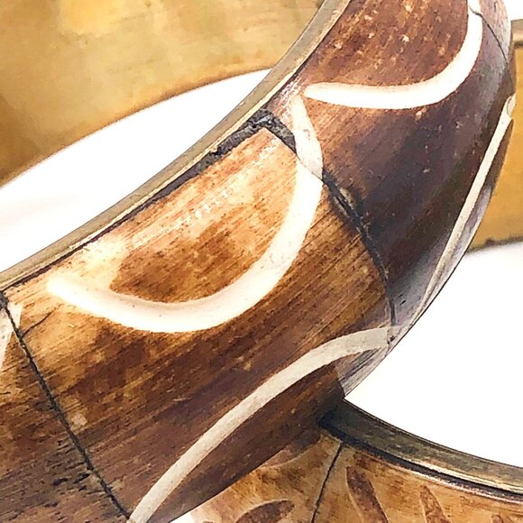 Set of 2 Vintage Hand-Carved Wood Bangles with Brass Interiors – 1" Wide - Picture 5 of 16